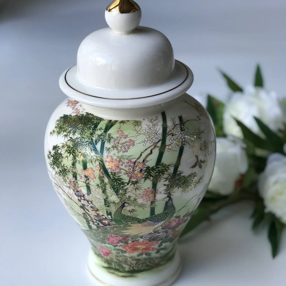 Vintage Otigiri OMC Japan Ceramic Floral Peacock Bird Ginger Jar